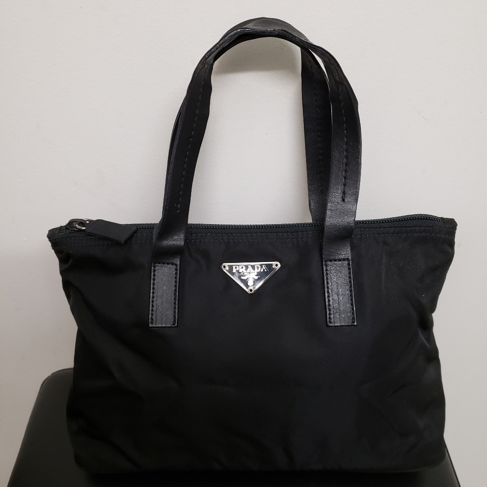Authentic Prada black nylon top handles mini bag